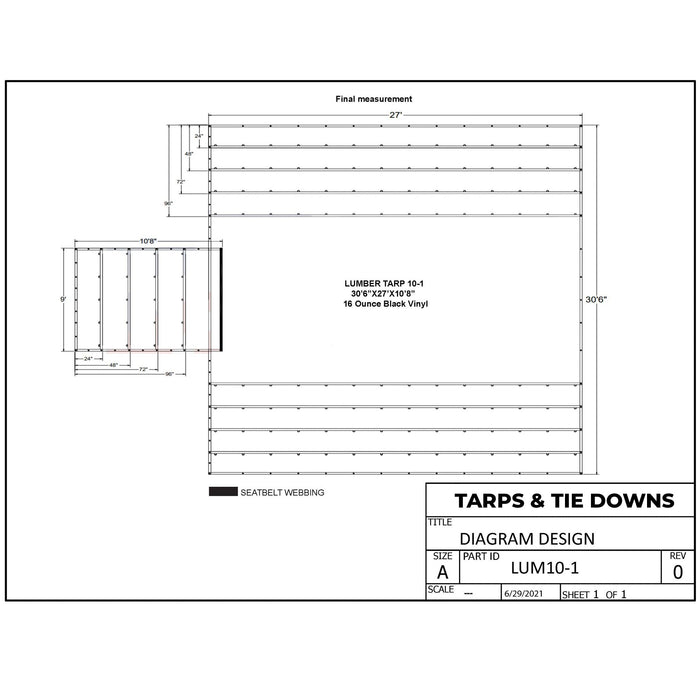 Heavy Duty Lumber Truck Tarps – 30'6" x 27' (10'8” Drop) Black 16 oz