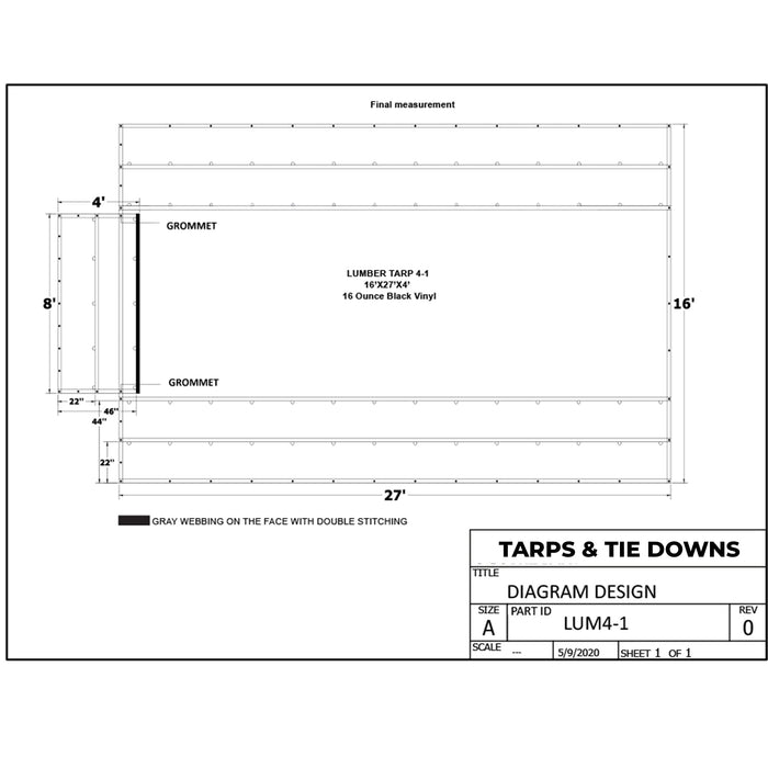 Heavy Duty Lumber Truck Tarps - 16' x 27' (4' Drop) Black 16 oz