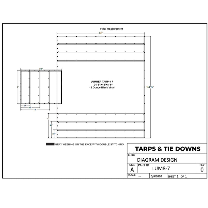 Heavy Duty Lumber Truck Tarps - 18' x 24'6'' (8'6'' Drop) Black 16 oz