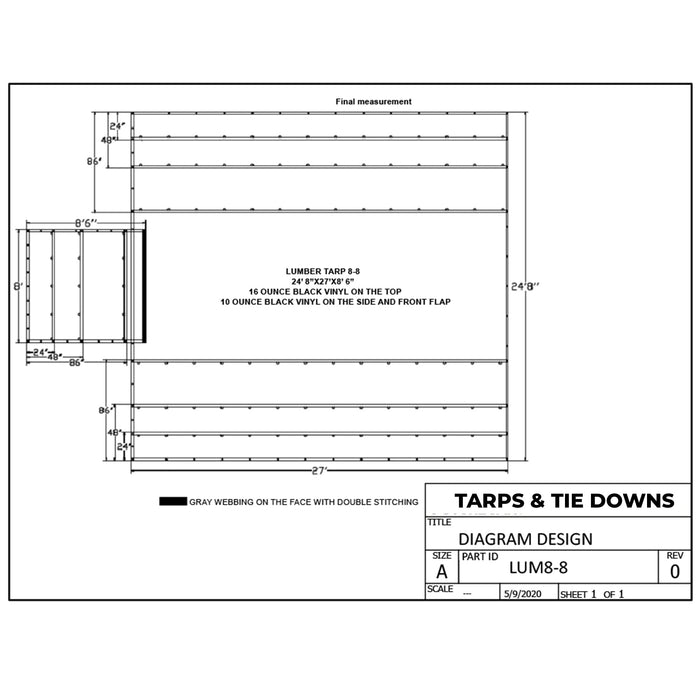 Heavy Duty Lumber Truck Tarps - 24'8'' x 27' (8'6'' Drop) Black 16 oz / 10 oz