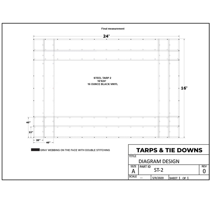 Heavy Duty Steel Truck Tarps - 16' x 24'' (2R | 4S) Black 16 oz